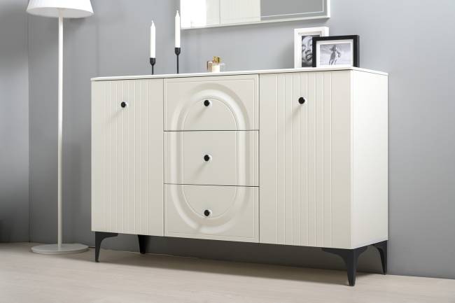 Пенал со стеклом и комод-ТВ-тумба Валенсия цвет белый шагрень