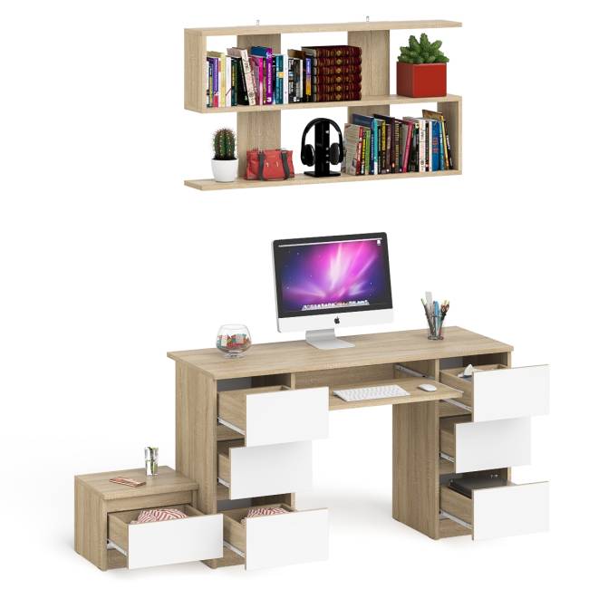 Двухтумбовый стол компьютерный Мори МС-2 с тумбочкой с ящиком и полкой на 1200 цвет дуб сонома/белый Двухтумбовый стол компьютерный Мори МС-2 с тумбочкой с ящиком и полкой на 1200 цвет дуб сонома/белый