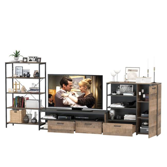 Комод с дверкой и ящиком с ТВ-тумбой для гостиной Трувор и открытый стеллаж с полками цвет дуб гранж песочный/интра