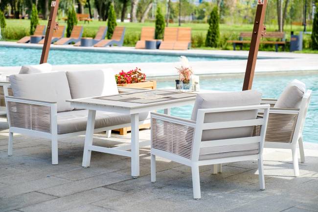 "Сан Ремо" диван 2-местный плетеный из роупа, каркас алюминий белый, роуп бежевый, ткань бежевая