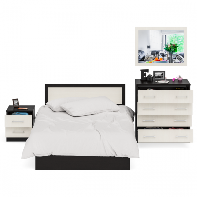 Спальный гарнитур Фиеста Кровать 1200 + Тумба + Комод + Зеркало цвет венге/дуб лоредо