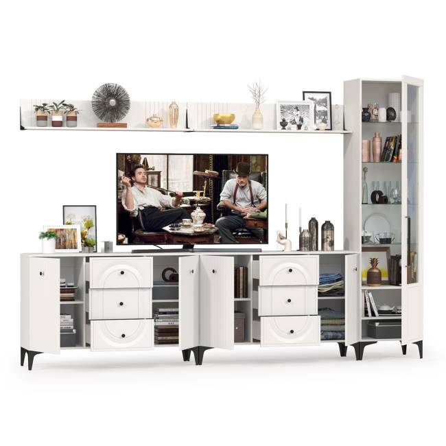 Два комода для аппаратуры с полками и пенал со стеклом Валенсия цвет белый шагрень