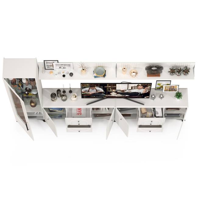 Два комода для аппаратуры с полками и пенал со стеклом Валенсия цвет белый шагрень