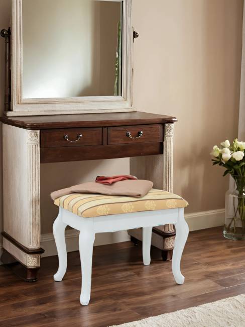 Банкетка Ретро с ящиком белый, ткань полоса бежевый