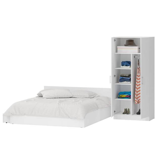 Двуспальная Кровать белая с ящиками 1800 со шкафом для одежды 2-х створчатым Стандарт цвет белый