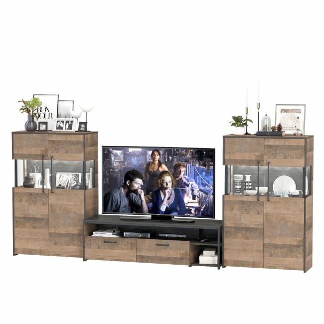 Две тумбы-витрины с подсветкой и с тумбой для телевизора Трувор цвет дуб гранж песочный/интра