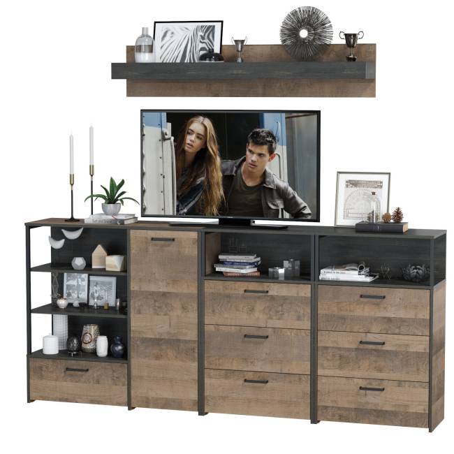 Два комода с ящиками с навесной полкой и комод с ящиком и дверкой в гостиную Трувор цвет дуб гранж песочный/интра