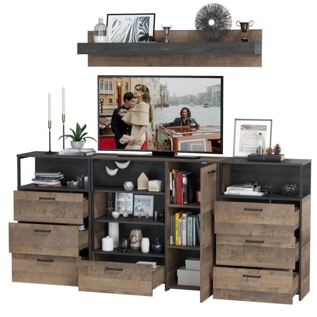 Два комода с ящиками с навесной полкой и комод с ящиком и дверкой в гостиную Трувор цвет дуб гранж песочный/интра