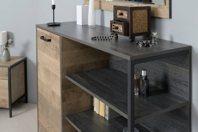 Два комода с ящиками с навесной полкой и комод с ящиком и дверкой в гостиную Трувор цвет дуб гранж песочный/интра